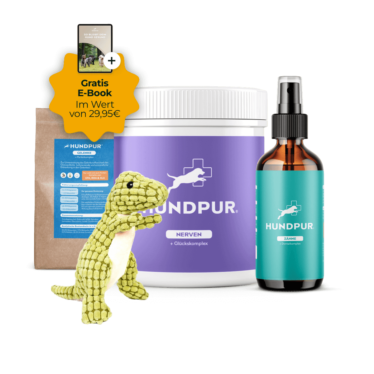 Hundpur® Sorglos-Paket mit Nerven Glückskomplex & GRATIS Zahnspray & E-Book & Gelenke Probe & Dino
