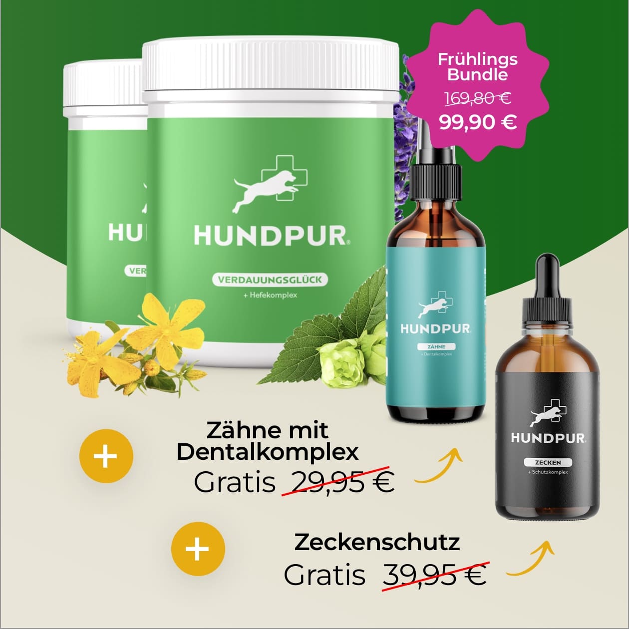 Hundpur® Verdauungsglück Doppelpack + GRATIS Dentalspray + GRATIS Zeckenschutz