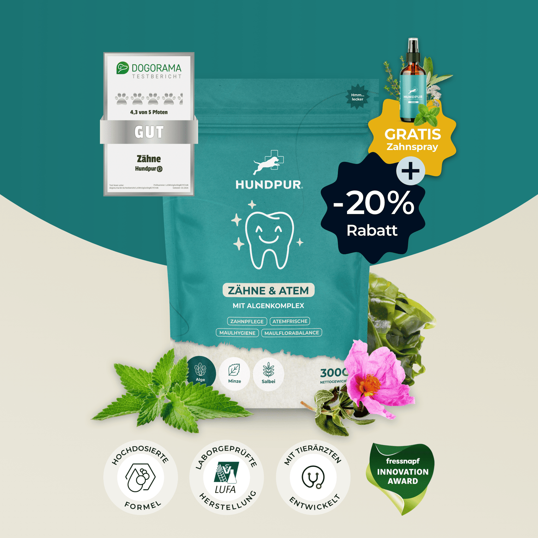 Hundpur® Zähne & Atem 20% Rabatt + GRATIS Dentalspray